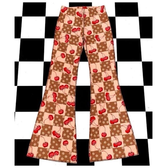NWT OMighty Cherry Check Flare Wide Leg Pants Sz Small - Picture 3 of 5